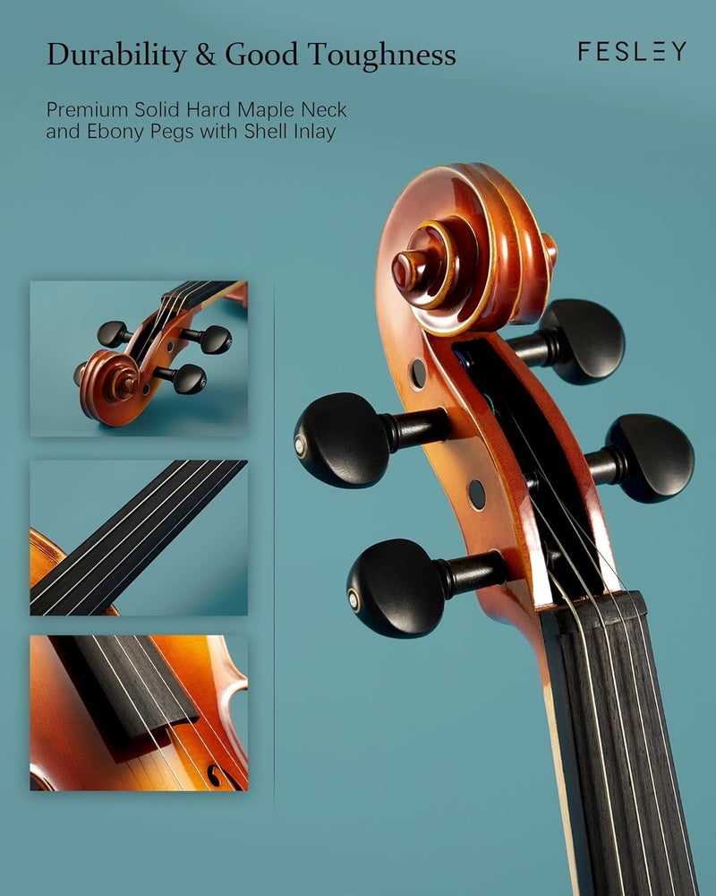 Fesley Violin Fiddle Full Set: 4/4 Polished Violin Kit for Beginners, Acoustic Violin with Hard Case, Solidwood Hand Made Starter Kit with Bow, Rosin, Shoulder Rest, Tuner, Extra Strings - Image 2